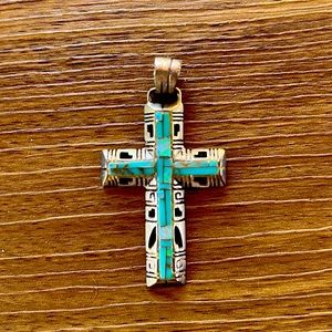 Sterling silver and turquoise cross vintage necklace pendant